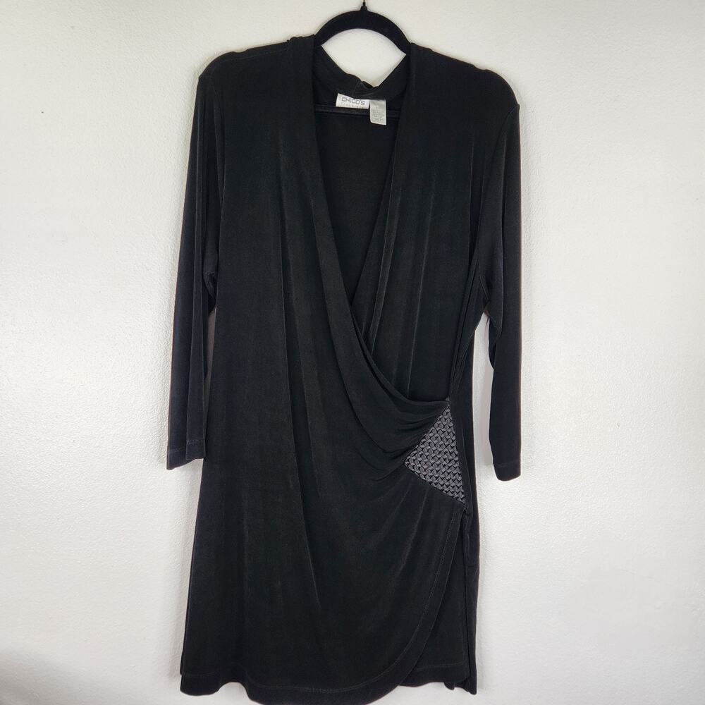 Chico's Travelers Black Slinky Deep V-Neck Tunic Dress Women's Sz 3 (XL) Evening